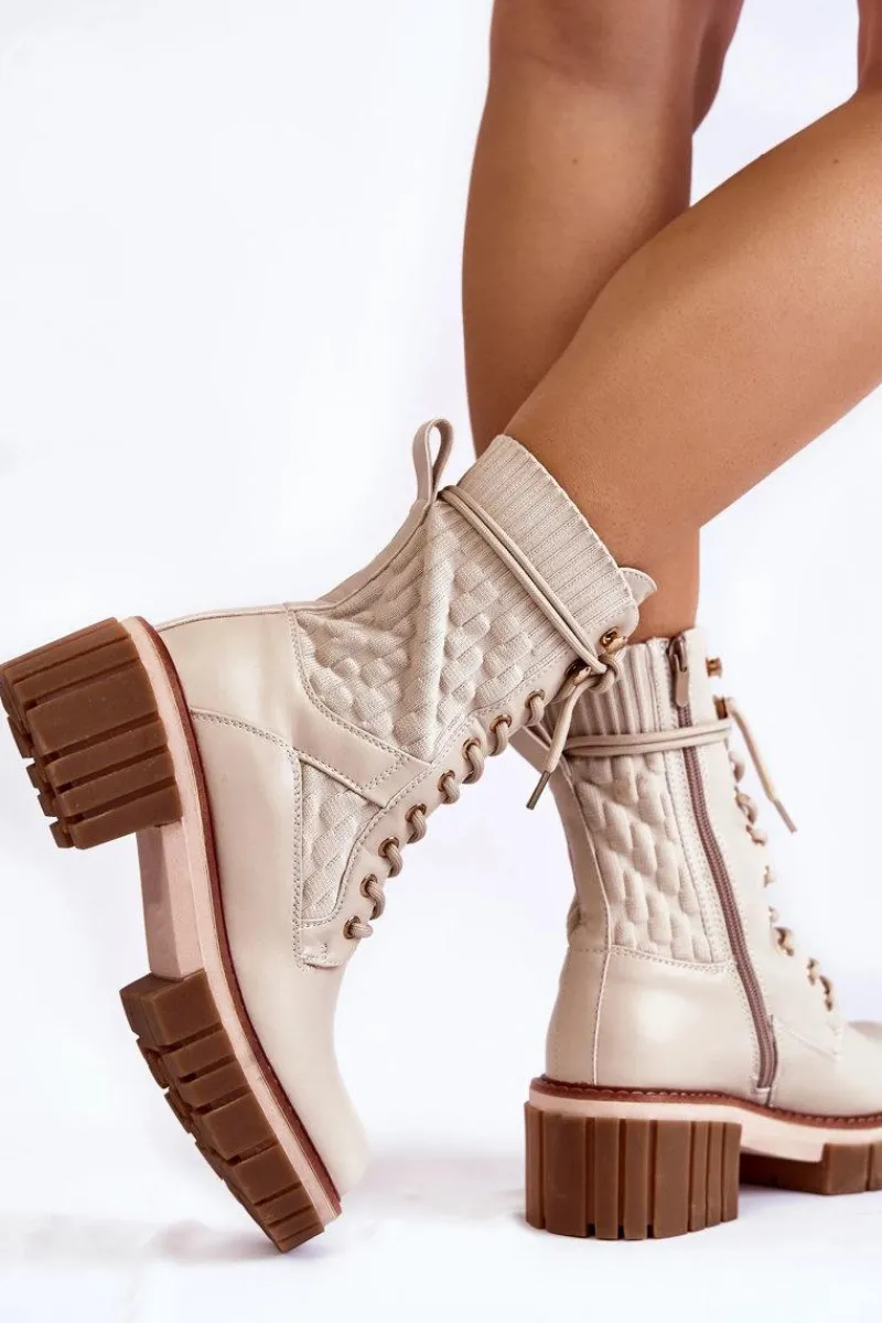 Botki Sznurowane|Botki Zimowe Damskie>Evento Damskie Wysokie Botki Glany Na Zamek Beżowe Enroe