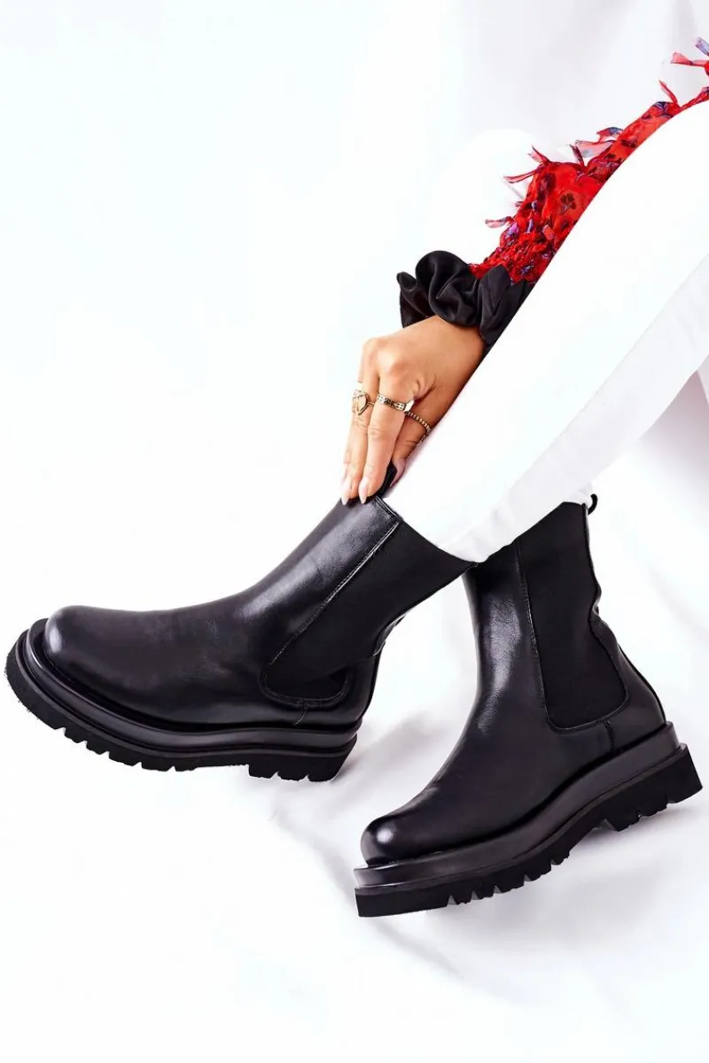 Czarne Botki|Botki Płaskie>Damskie buty S.Barski Damskie Wysokie Botki Sztyblety Czarne Belive