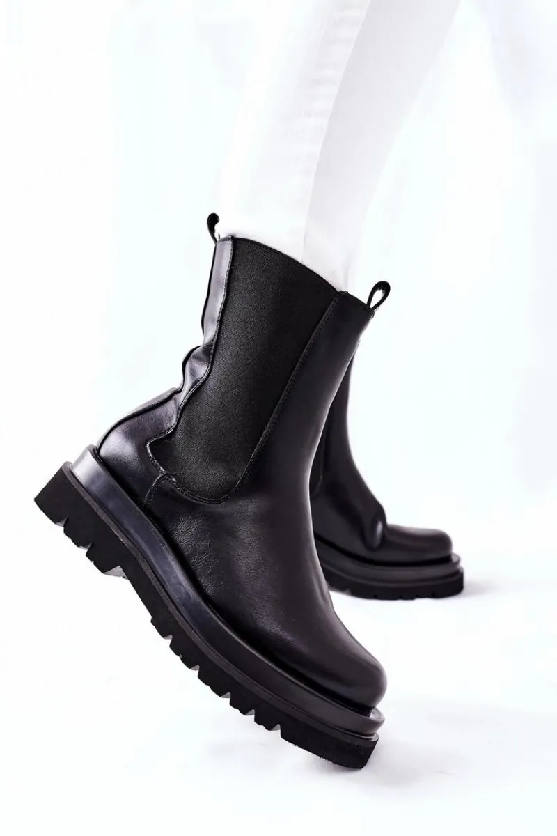 Czarne Botki|Botki Płaskie>Damskie buty S.Barski Damskie Wysokie Botki Sztyblety Czarne Belive