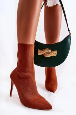 Botki Wiosenne|Botki Na Obcasie>Boto Damskie Wysokie Botki Ze Skarpetą Na Szpilce Camel Luisell Brązowy