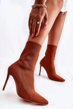 Botki Wiosenne|Botki Na Obcasie>Boto Damskie Wysokie Botki Ze Skarpetą Na Szpilce Camel Luisell Brązowy