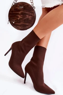 Botki Wiosenne|Brązowe I Beżowe Botki>Boto Damskie Wysokie Botki Ze Skarpetą Na Szpilce Brązowe Luisell