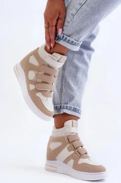 New Damskie Wysokie Buty Sportowe Na Ukrytym Koturnie Beżowe Inari Damskie Sneakersy Damskie