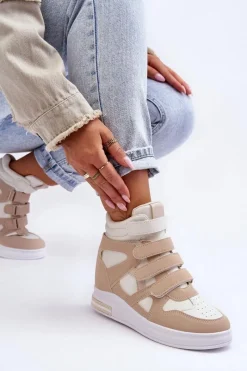New Damskie Wysokie Buty Sportowe Na Ukrytym Koturnie Beżowe Inari Damskie Sneakersy Damskie