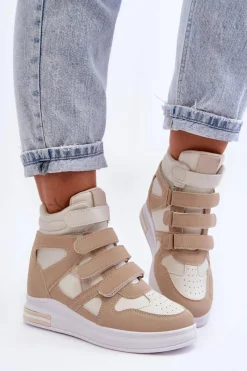 New Damskie Wysokie Buty Sportowe Na Ukrytym Koturnie Beżowe Inari Damskie Sneakersy Damskie