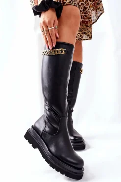 New Damskie buty S.Barski Damskie Wysokie Czarne Kozaki z Łańcuchem Vivien