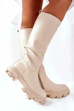 Kozaki Płaskie|Kozaki Przed Kolano>Damskie buty S.Barski Damskie Wysokie Kozaki Beżowe Little Bit