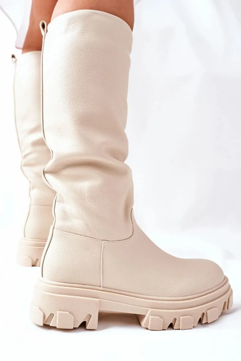 Kozaki Płaskie|Kozaki Przed Kolano>Damskie buty S.Barski Damskie Wysokie Kozaki Beżowe Little Bit