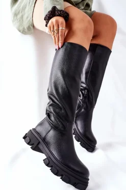 Sale Damskie Wysokie Kozaki Czarne Little Bit Damskie Kozaki Płaskie|Kozaki Przed Kolano