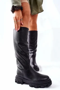 Sale Damskie Wysokie Kozaki Czarne Little Bit Damskie Kozaki Płaskie|Kozaki Przed Kolano