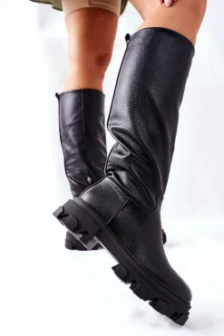 Sale Damskie Wysokie Kozaki Czarne Little Bit Damskie Kozaki Płaskie|Kozaki Przed Kolano