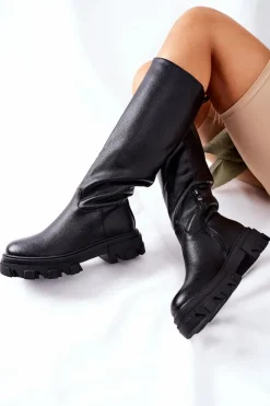 Sale Damskie Wysokie Kozaki Czarne Little Bit Damskie Kozaki Płaskie|Kozaki Przed Kolano