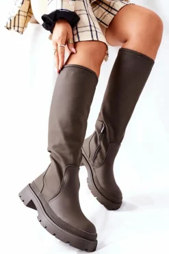 Kozaki Ocieplane|Kozaki Płaskie>Damskie buty S.Barski Damskie Wysokie Kozaki Khaki Whats Going On Zielony