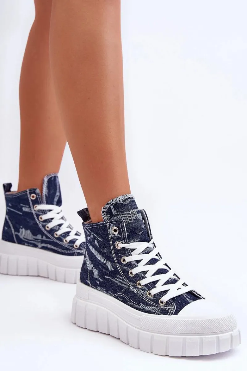 New Boto Damskie Wysokie Materiałowe Trampki Granatowe Degas