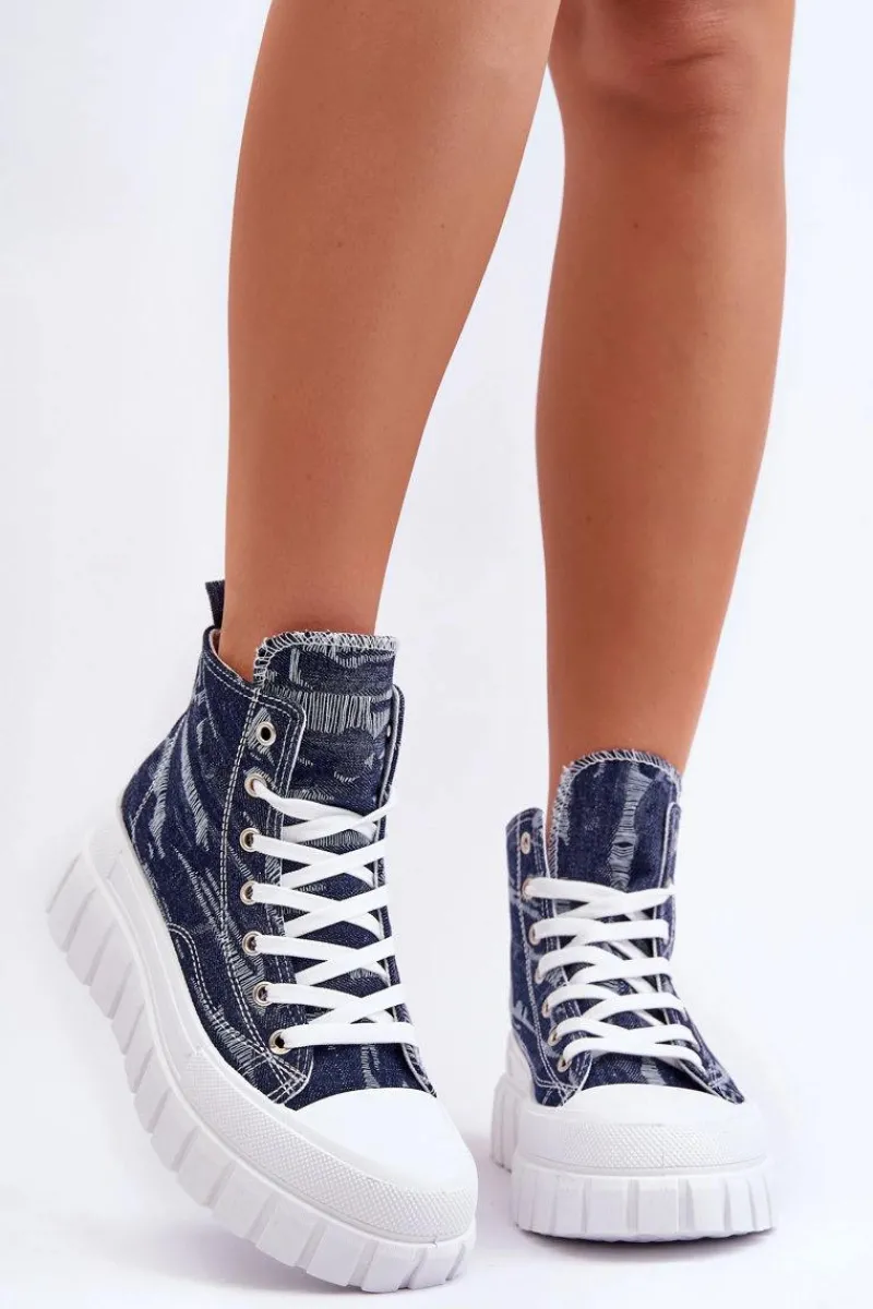 New Boto Damskie Wysokie Materiałowe Trampki Granatowe Degas