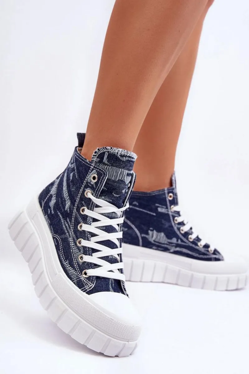 New Boto Damskie Wysokie Materiałowe Trampki Granatowe Degas