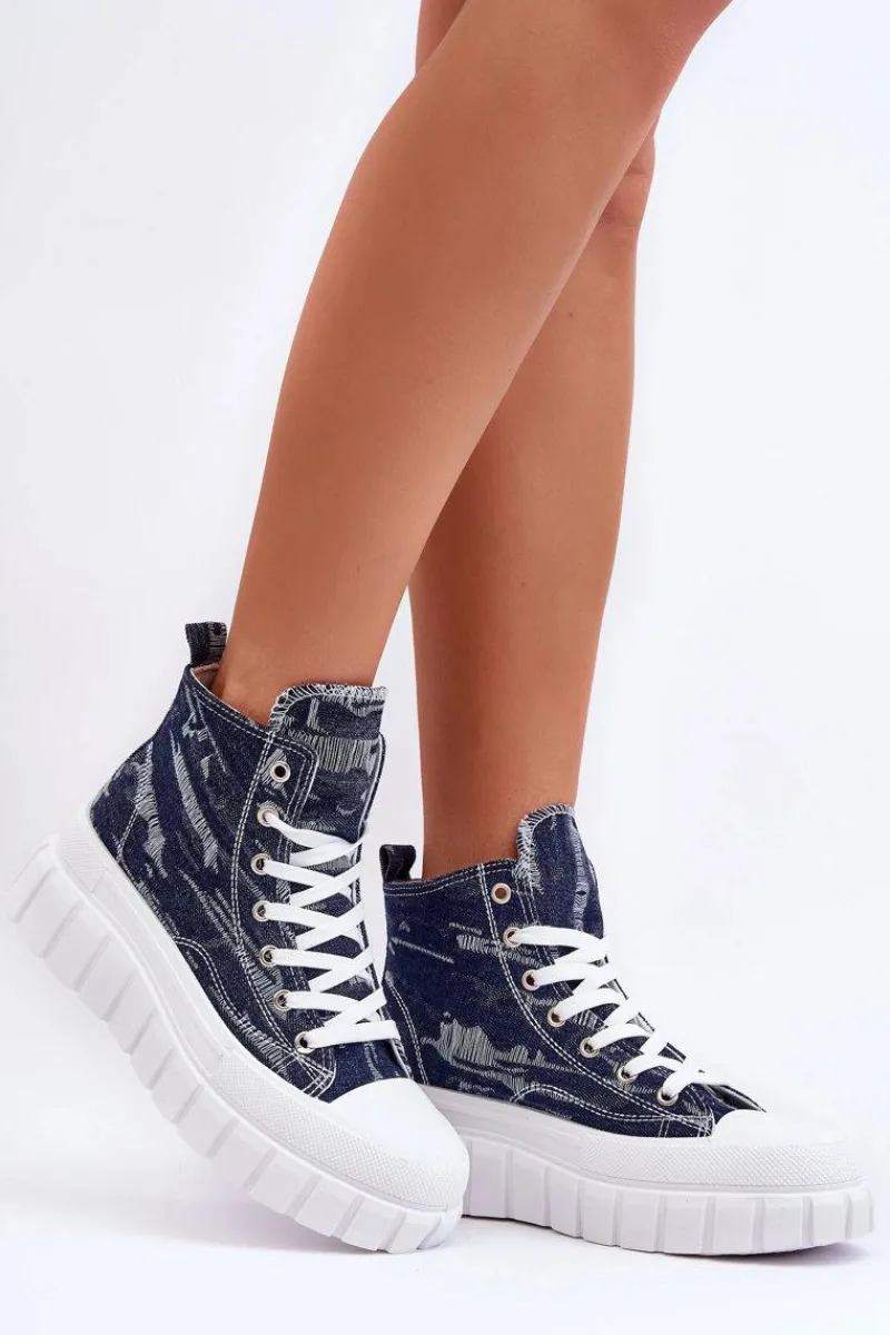 New Boto Damskie Wysokie Materiałowe Trampki Granatowe Degas