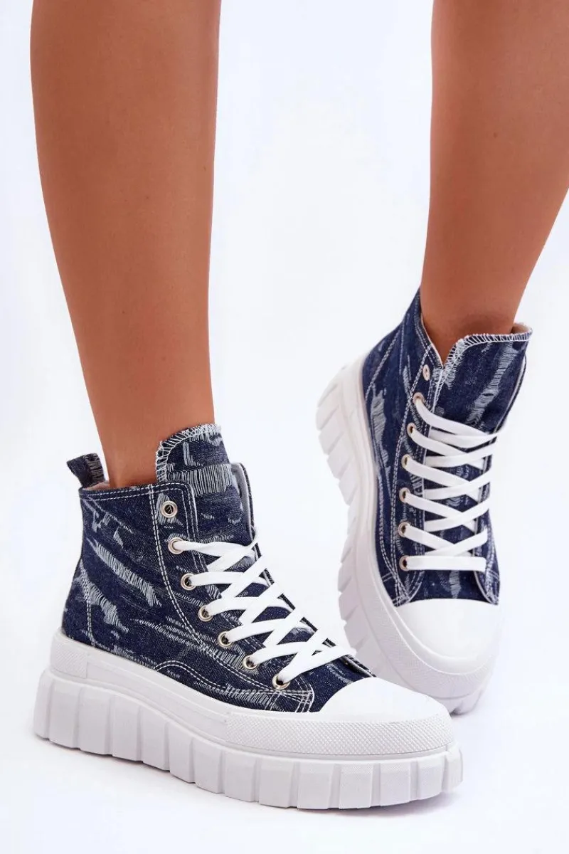 New Boto Damskie Wysokie Materiałowe Trampki Granatowe Degas