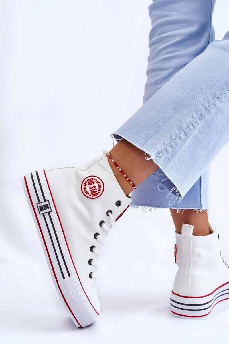 Trampki Damskie Big Star|Trampki Damskie Wysokie>Big Star Shoes Damskie Wysokie Materiałowe Trampki Na Platformie Big Star LL274185 Białe Biały