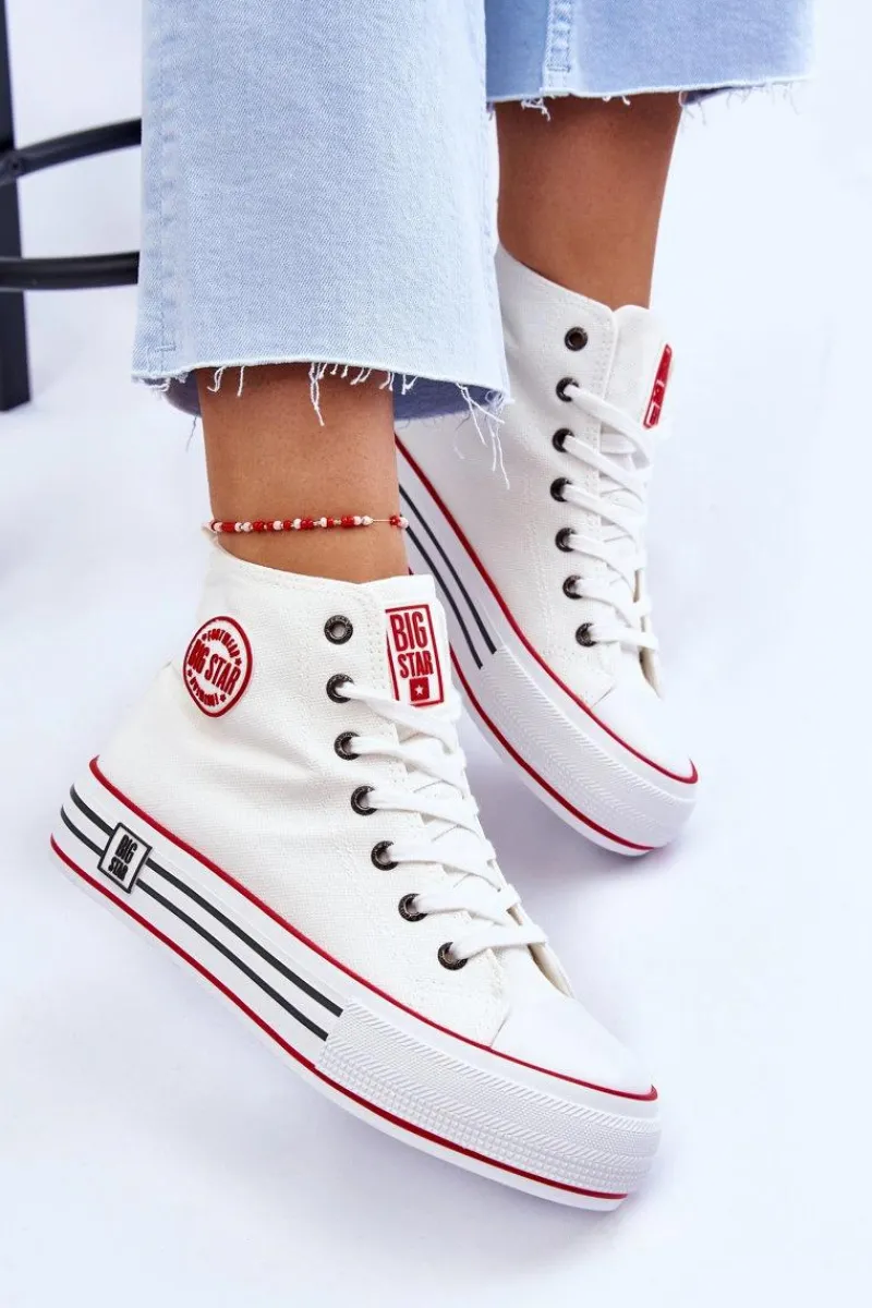 Trampki Damskie Big Star|Trampki Damskie Wysokie>Big Star Shoes Damskie Wysokie Materiałowe Trampki Na Platformie Big Star LL274185 Białe Biały