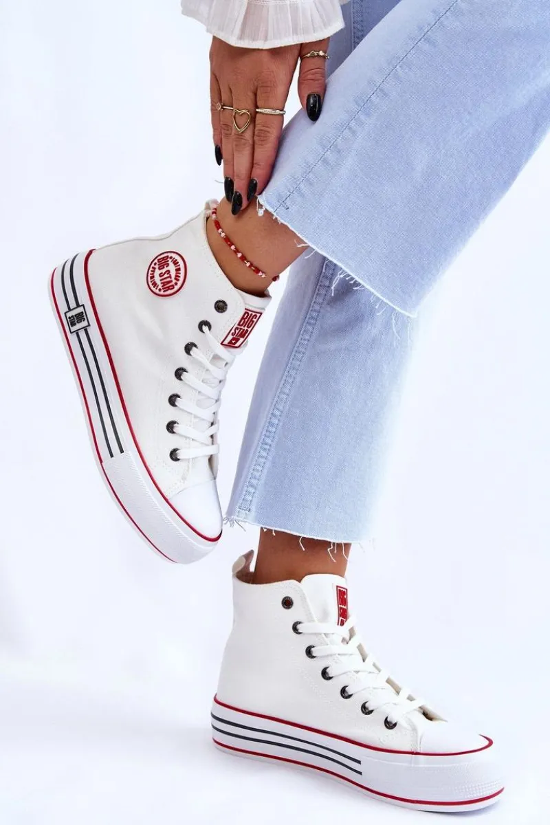 Trampki Damskie Big Star|Trampki Damskie Wysokie>Big Star Shoes Damskie Wysokie Materiałowe Trampki Na Platformie Big Star LL274185 Białe Biały