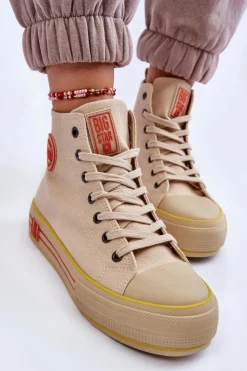 Online Damskie Wysokie Materiałowe Trampki Na Platformie Big Star LL274187 Beżowe Damskie Trampki Damskie Big Star|Trampki Damskie Wysokie