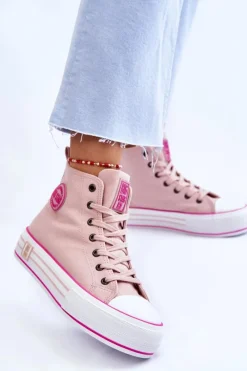 Best Damskie Wysokie Materiałowe Trampki Na Platformie Big Star LL274186 Różowe Damskie Trampki Damskie Big Star|Trampki Damskie Wysokie