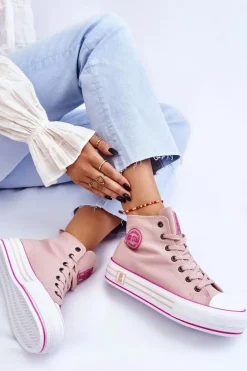 Best Damskie Wysokie Materiałowe Trampki Na Platformie Big Star LL274186 Różowe Damskie Trampki Damskie Big Star|Trampki Damskie Wysokie