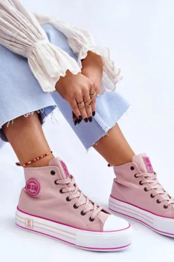 Best Damskie Wysokie Materiałowe Trampki Na Platformie Big Star LL274186 Różowe Damskie Trampki Damskie Big Star|Trampki Damskie Wysokie