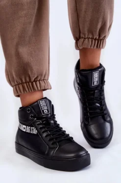 Trampki Ocieplane|Trampki Damskie Big Star></noscript>Big Star Shoes Damskie Wysokie Ocieplane Skórzane Trampki Big Star EE274355 Czarne