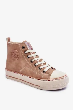 Outlet Damskie Wysokie Ocieplane Trampki KK2R4045C Beżowe Damskie Trampki Damskie Cross Jeans|Trampki Ocieplane