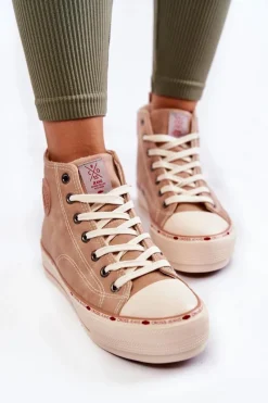 Outlet Damskie Wysokie Ocieplane Trampki KK2R4045C Beżowe Damskie Trampki Damskie Cross Jeans|Trampki Ocieplane