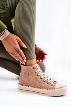 Outlet Damskie Wysokie Ocieplane Trampki KK2R4045C Beżowe Damskie Trampki Damskie Cross Jeans|Trampki Ocieplane