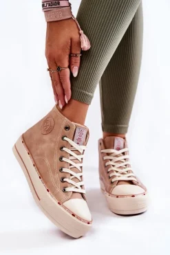 Outlet Damskie Wysokie Ocieplane Trampki KK2R4045C Beżowe Damskie Trampki Damskie Cross Jeans|Trampki Ocieplane