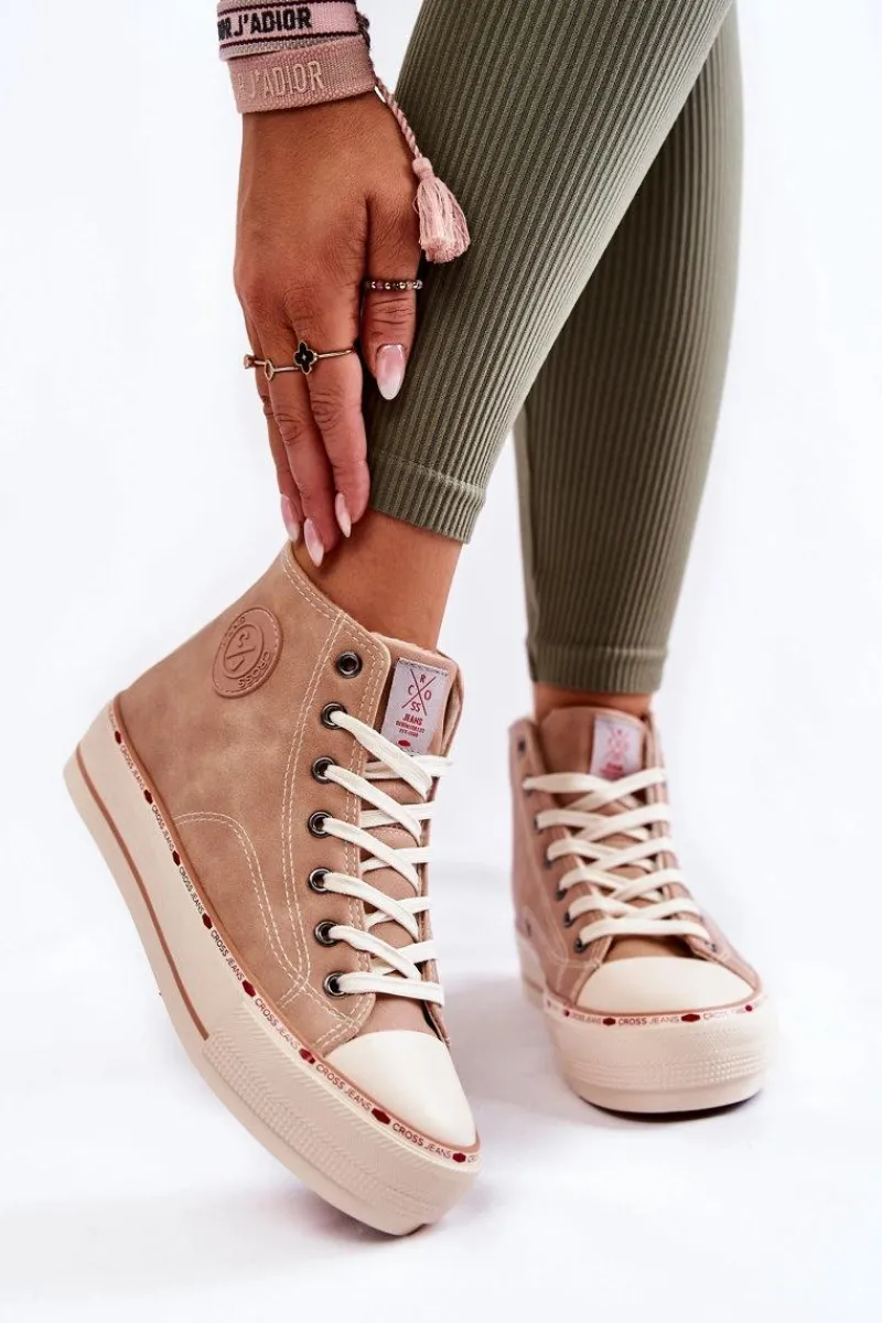 Outlet Damskie Wysokie Ocieplane Trampki KK2R4045C Beżowe Damskie Trampki Damskie Cross Jeans|Trampki Ocieplane