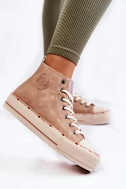 Outlet Damskie Wysokie Ocieplane Trampki KK2R4045C Beżowe Damskie Trampki Damskie Cross Jeans|Trampki Ocieplane