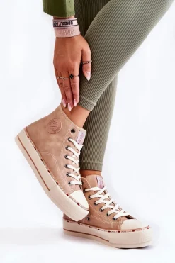 Outlet Damskie Wysokie Ocieplane Trampki KK2R4045C Beżowe Damskie Trampki Damskie Cross Jeans|Trampki Ocieplane