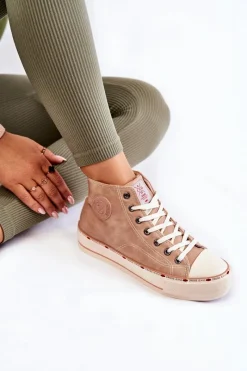 Outlet Damskie Wysokie Ocieplane Trampki KK2R4045C Beżowe Damskie Trampki Damskie Cross Jeans|Trampki Ocieplane