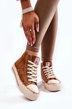 Sale Cross Jeans Damskie Wysokie Ocieplane Trampki KK2R4043C Camel