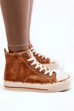 Sale Cross Jeans Damskie Wysokie Ocieplane Trampki KK2R4043C Camel