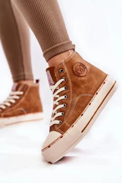 Sale Cross Jeans Damskie Wysokie Ocieplane Trampki KK2R4043C Camel