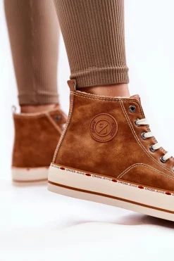 Sale Cross Jeans Damskie Wysokie Ocieplane Trampki KK2R4043C Camel