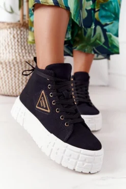 Trampki Damskie Wysokie>Boto Damskie Wysokie Tenisówki Na Platformie Czarne Manhattan