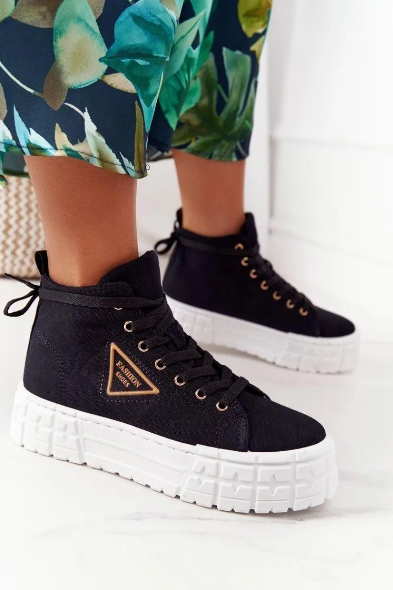 Trampki Damskie Wysokie>Boto Damskie Wysokie Tenisówki Na Platformie Czarne Manhattan