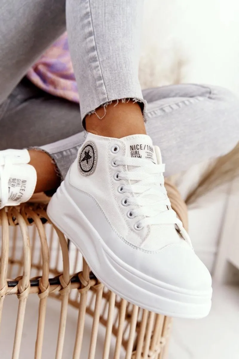 Trampki Damskie Wysokie>Boto Damskie Wysokie Trampki Na Platformie Białe Nice Girl