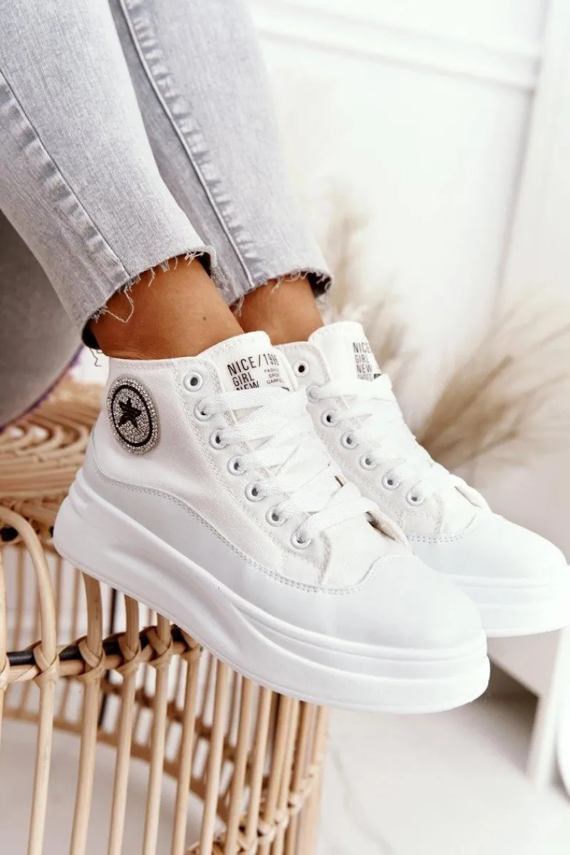 Trampki Damskie Wysokie>Boto Damskie Wysokie Trampki Na Platformie Białe Nice Girl