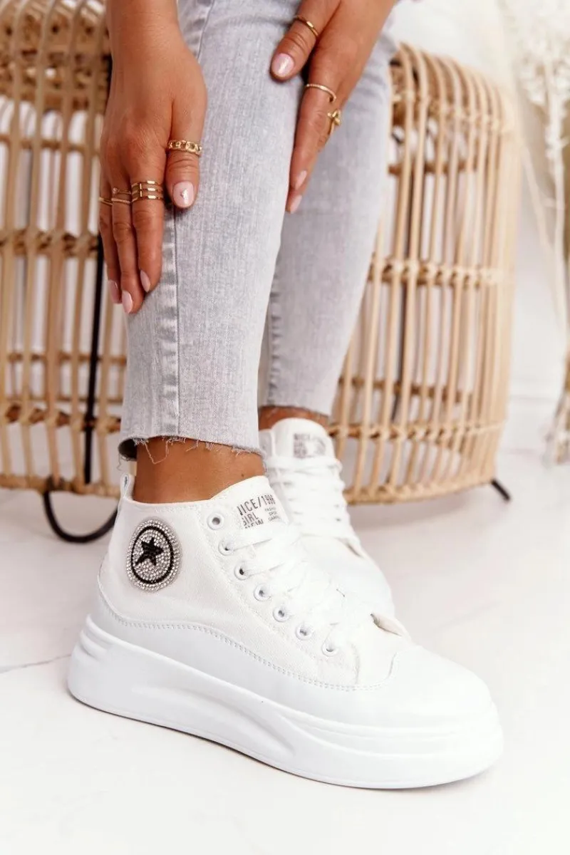 Trampki Damskie Wysokie>Boto Damskie Wysokie Trampki Na Platformie Białe Nice Girl