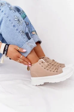 Trampki Damskie Wysokie>Boto Damskie Wysokie Trampki Na Dużej Podeszwie Jasny Brąz Trissy Brązowy