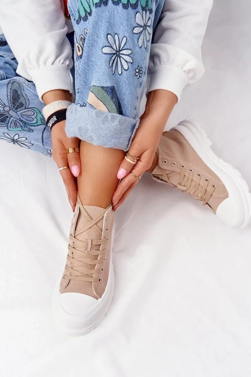 Trampki Damskie Wysokie>Boto Damskie Wysokie Trampki Na Dużej Podeszwie Jasny Brąz Trissy Brązowy