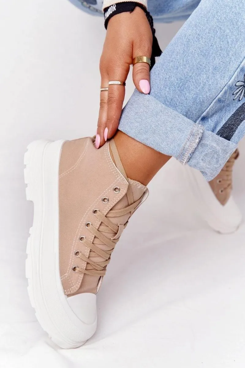 Trampki Damskie Wysokie>Boto Damskie Wysokie Trampki Na Dużej Podeszwie Jasny Brąz Trissy Brązowy